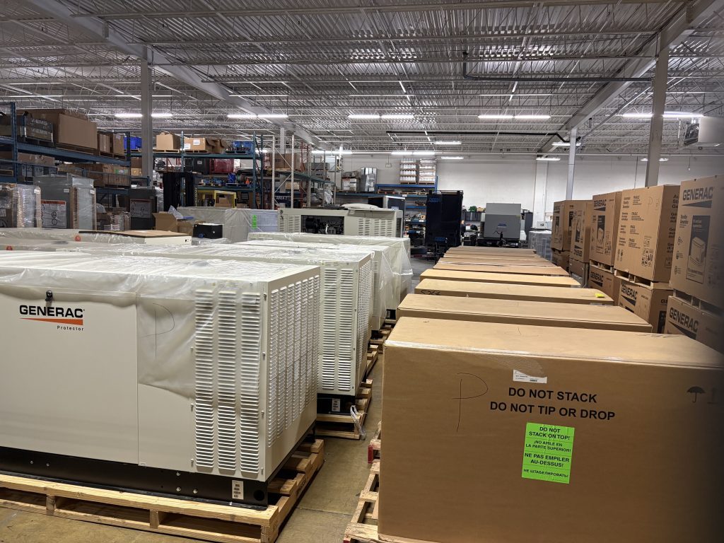 Warehouse storage of Generac generators and equipment boxes
